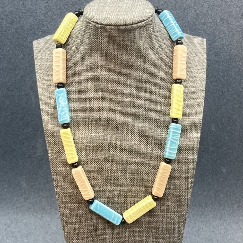 Rectangular Ceramic Beaded Necklace 21 In Green Blue Purple Black Spacer Retro